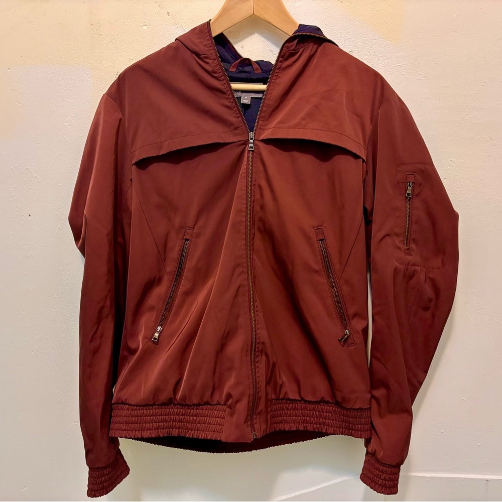 Vince Red Burgundy Full Zip hooded Windbreaker Bomber moto arm zipper retro